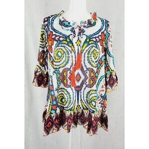 NAUDIC Hacienda Tunic Ikat Blue Mexico Vibe Tassels Cotton 3/4 sleeve S Small